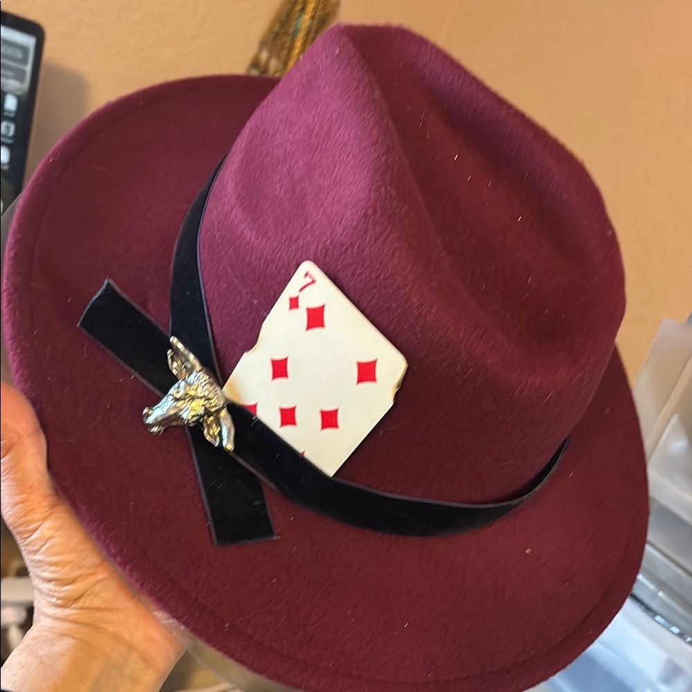 Burgundy Fedora with Black Band and Card Accent